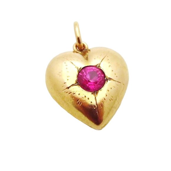 Vintage 14K Yellow Gold Starburst Design Heart with Ruby Charm Pendant - Picture 2 of 8